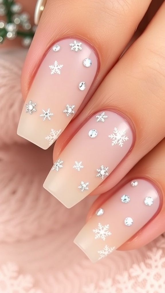 Elegant beige Christmas nails with white snowflakes and rhinestones.